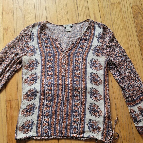 Lucky Brand Womens XS Floral Boho Long Sleeve Blouse With Button & Tie Detail - Picture 5 of 7
